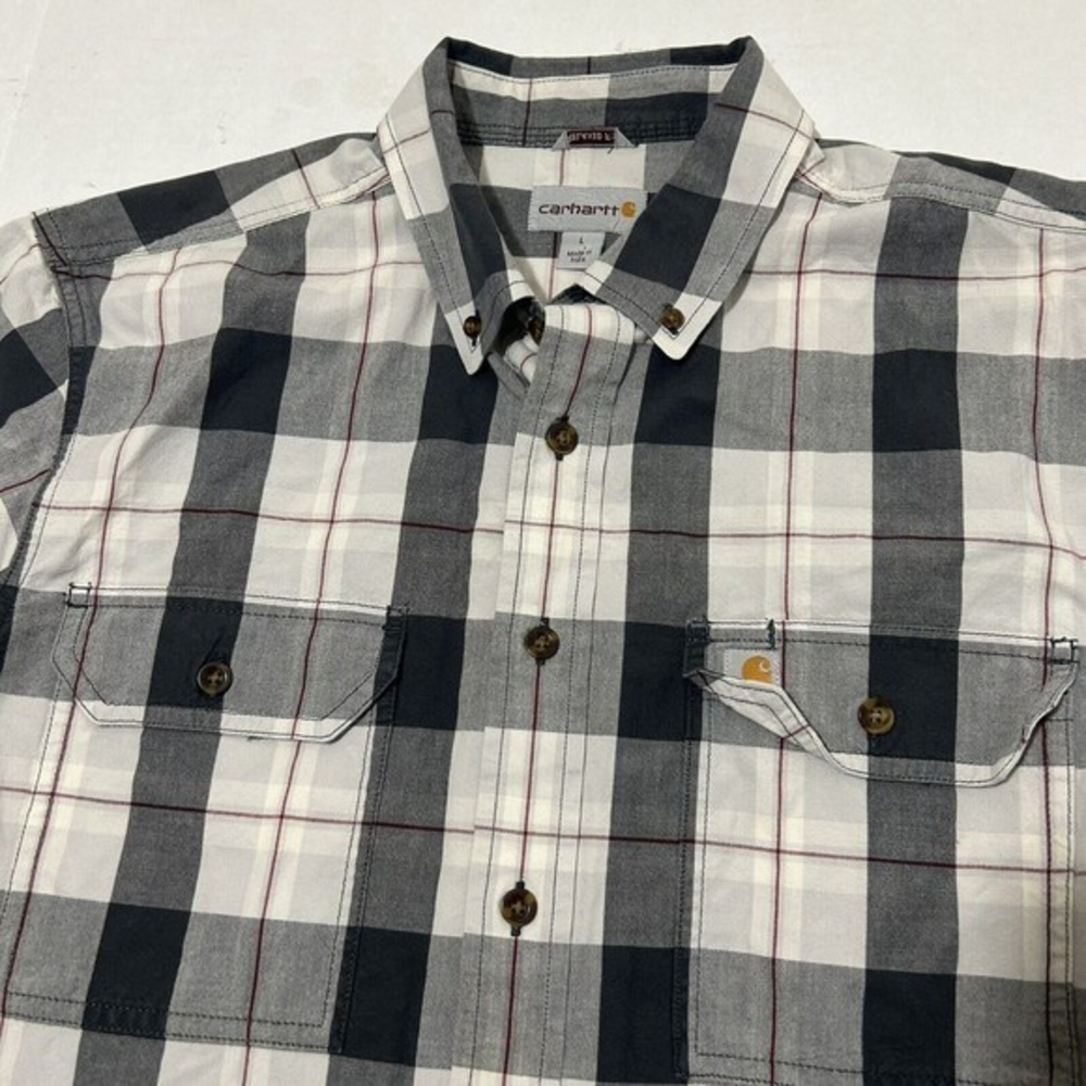 Carhartt Mens Short Sleeve Gray Button Down‎ Plaid Shirt Relaxed Fit Large
